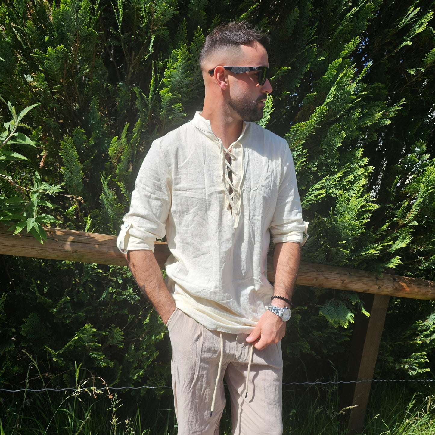 Men's Medieval Lace-Up Cotton Shirt – Long Sleeve Heritage Style