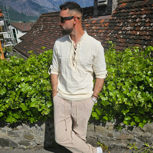 Men's Medieval Lace-Up Cotton Shirt – Long Sleeve Heritage Style