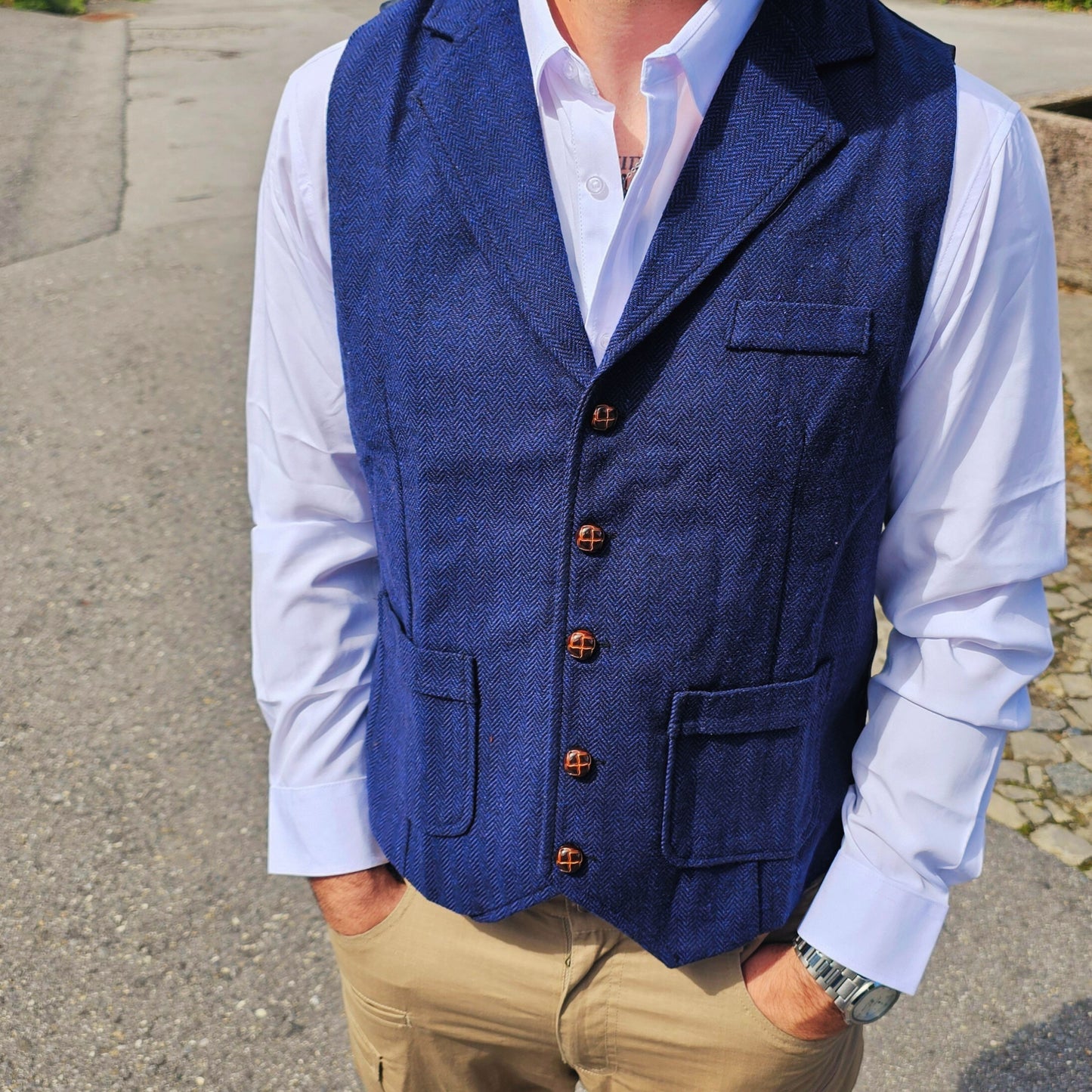 Men’s Herringbone Tweed Vest – Classic European Conservative Style