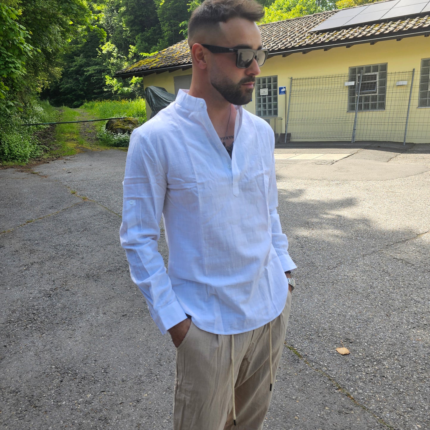 white men's 100% linen Henley shirt with stand collar, front view