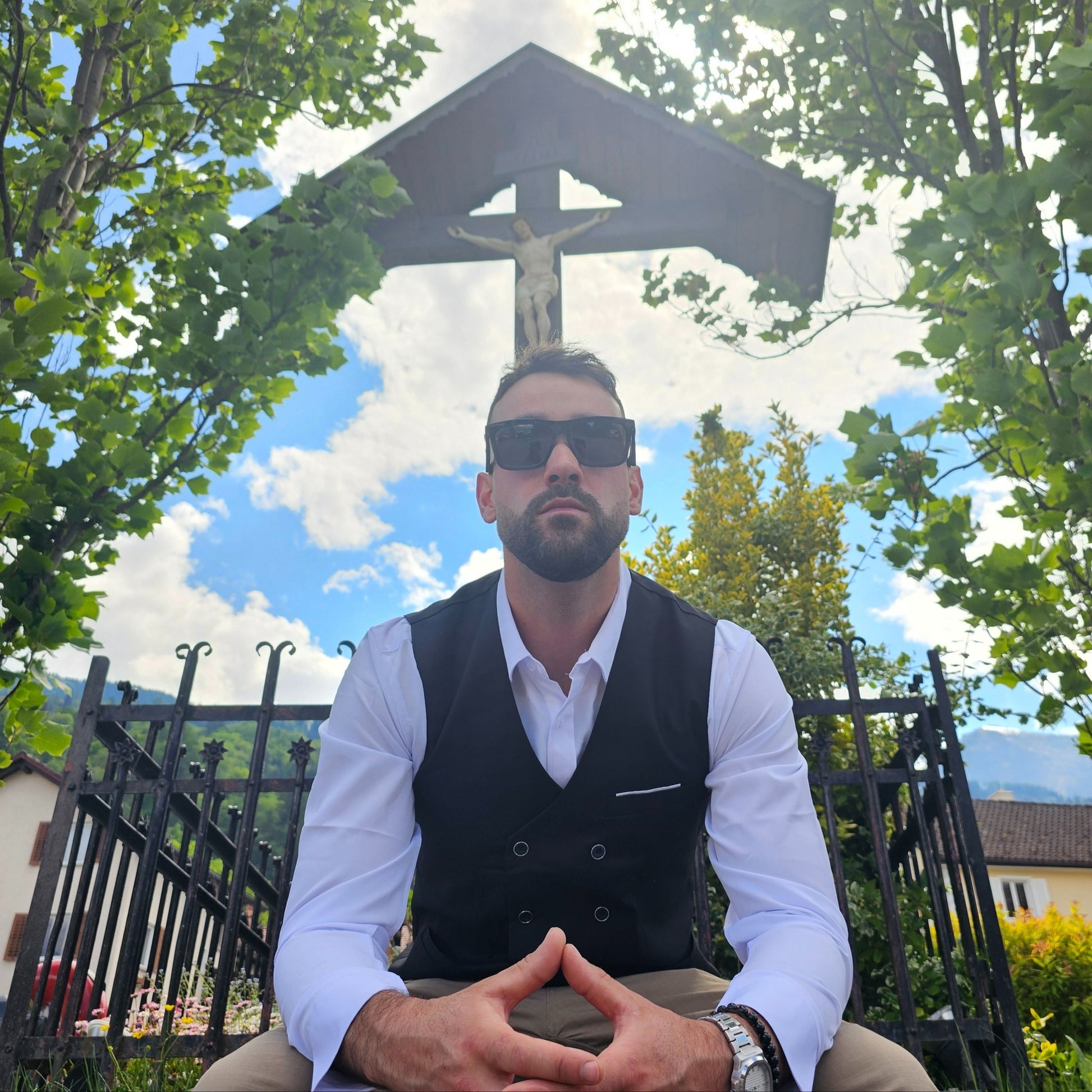 Men wearing classic white vest over dress shirt for spring or fall outfit