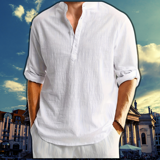 White men's linen Henley shirt with stand collar and long sleeves, regular fit, front view
