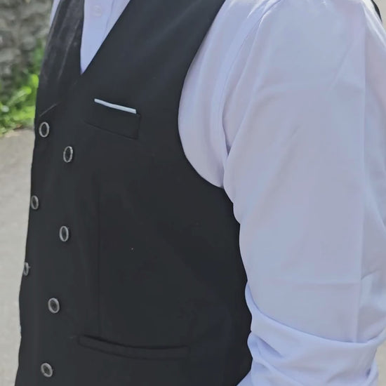 Front view of men's classic white V-neck buttoned vest with tailored fit.