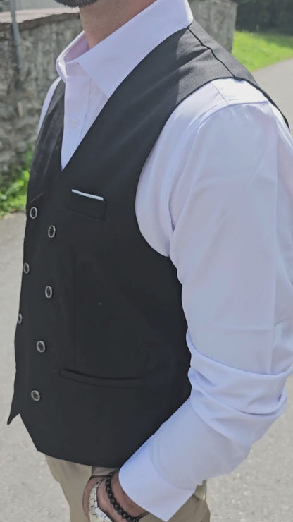 Front view of men's classic white V-neck buttoned vest with tailored fit.